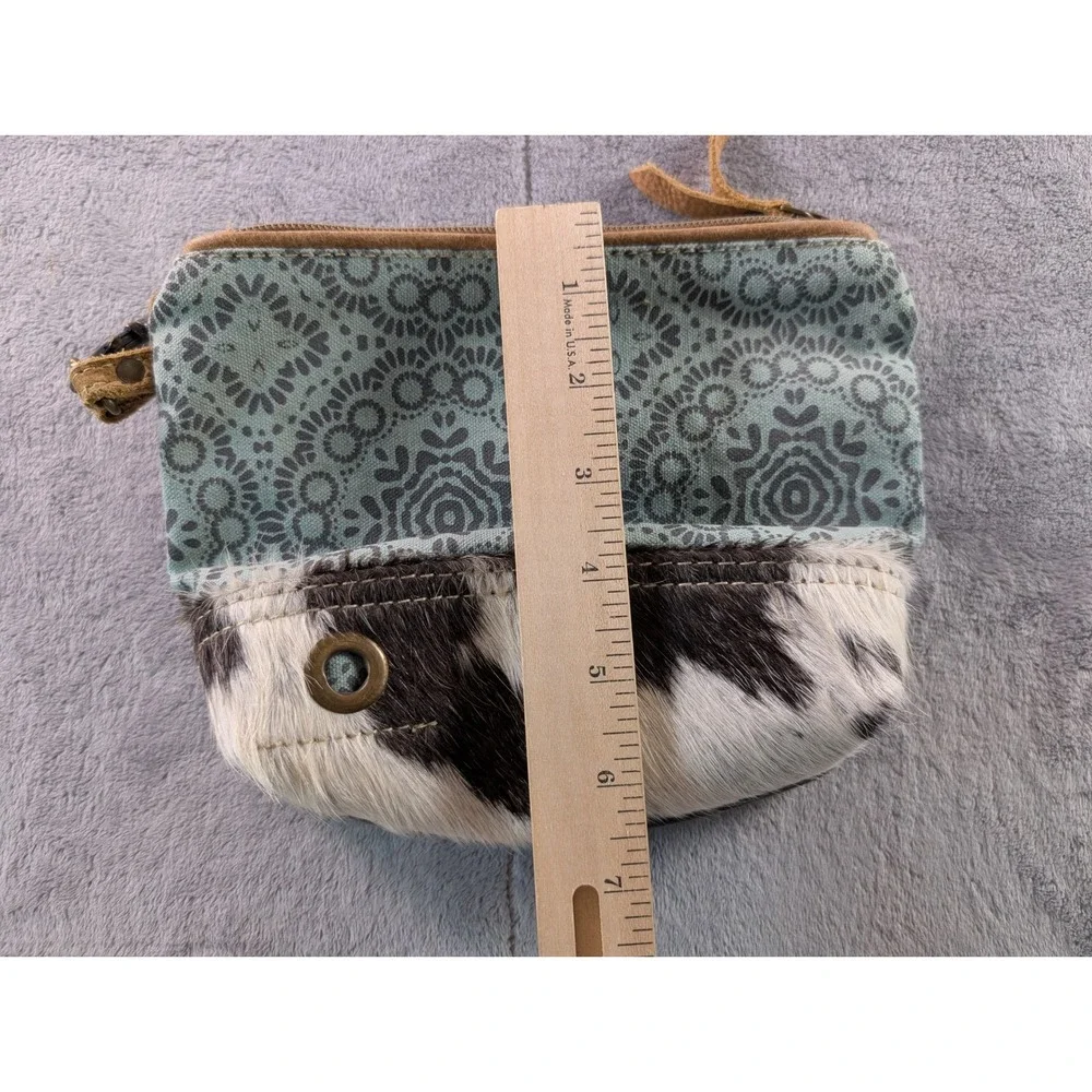 Myra Bag Canvas Cowhide Leather Wristlet Clutch Mandala Print Green Brown S-1011